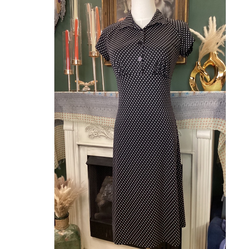 Byer Too! Vintage Polka Dot Midi Dress Collared Empire Waist S Juniors